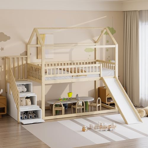 RIAZOS Etagenbett Kinderbett 90x200 mit Rutsche und Treppe, Hochbett mit Stauraumleiter, Kinder Bett mit 1 Lattenrost, Juniorbett, Multifunktional, Natur, ohne matratze