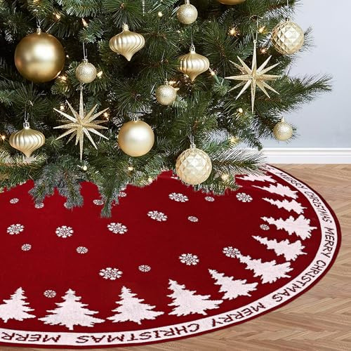 DEMIUKO Weihnachtsbaum Decke Rot 120cm Gestrickter Christbaumdecke Groß mit Weiß Schneeflocken Christbaum Rock Rund Weihnachtsbaumdecke Tannenbaumdecke für Christbaumständer Zuhause Weihnachtsdeko