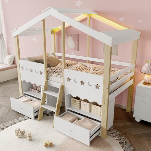 RIAZOS Kinderbett 90x200 cm, Holzbett mit 2 Schubladen, Funktionsbett mit Stauschrank, Hausbett mit Dach, Etagenbett, Jugendbett, Bettgestell mit Lattenrost, Weiß, ohne Matratze
