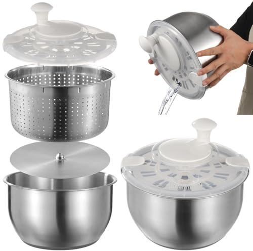 Kronabelle Set di centrifuga per insalata in acciaio inox, grande, per lattuga e verdure, con coperchio autobloccante