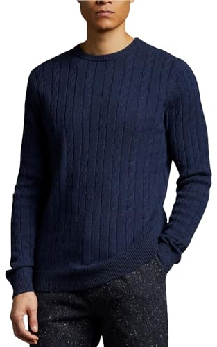 Mens Cable Knit Crew Neck Jumper Warm Weave Pullover Winter Fisherman Knitted Sweater Long Sleeve M to 2XL, Navy, S
