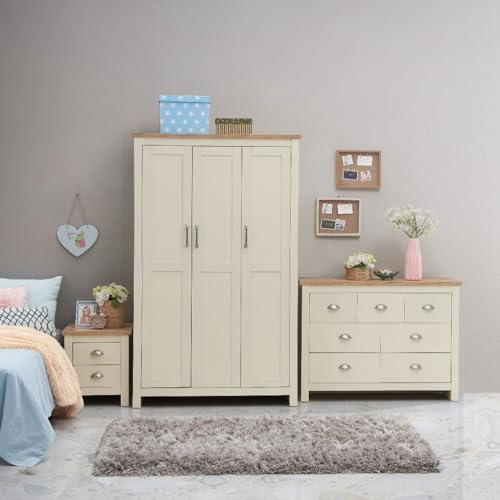 3 Piece Bedroom Furniture Set – Complete Triple 3-Door Wardrobe, Wide 7-Drawer Chest (3+4) & 2-Drawer Nightstand – Cream & Oak Effect Finish