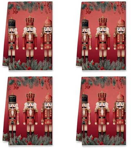 Lot de 4 torchons de cuisine Casse-noisette - Motifs de baies de pin festives de Noël - Rouge - 40,6 x 61 cm