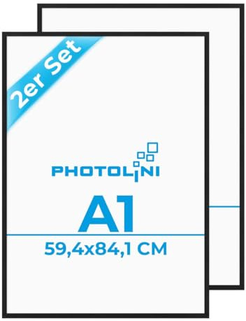 PHOTOLINI Bilderrahmen A1 Holz MDF, DIN A1 Bilderrahmen Schwarz, 2er Set Poster Rahmen 59,4x84,1 cm, Posterrahmen 60x84 mit bruchsicherem Acrylglas, zum Aufhängen & Zubehör - Frame für Fotos & Poster