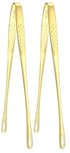 M METERXITY 2-Pack Extra Long Grill Tongs, 9.4 Inch Non-Slip 304 Stainless Steel Locking Tongs for Cooking/Buffet/Outdoor Barbecue, Korean BBQ Tweezers Metal Clamp Tool [Gold Tone]