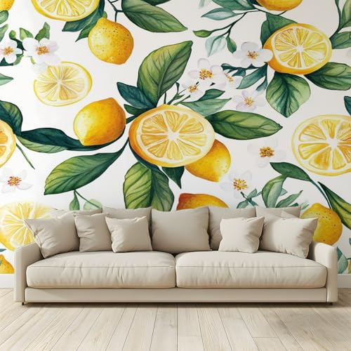 MKBKLI Papier Peint Panoramique Plante jaune citron feuille verte 350 (H) x 256 (L) cm, Papier Peint Géant 3D Salon Chambre Salle à Manger Chambre d'Enfant Décoration Murale