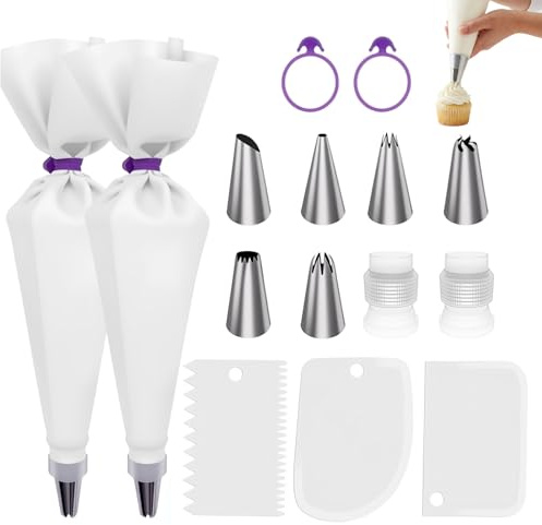 MENUY Spritzbeutel Wiederverwendbar (15-Teilig) Include 2 Spritztüte (30 * 17cm) 6 Edelstahl Spritztüllen, Spülmaschinenfest, Dressiersack Spritzbeutel Profi, für Torten und Backen