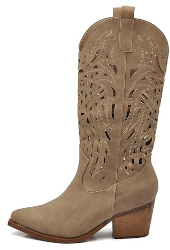 IF Stivali Alti Texani Donna Western in Pelle Sintetica Vegana, Design Traforato, Tacco Medio e Punta Affusolata