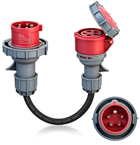 CEE Adapter 32A auf 16A, IP67 Wasserdicht & Staubdicht, Starkstrom Adapter mit Schutzabdeckung, 5×2.5mm² Kabel, 32 auf 16 Ampere Adapters für Elektroauto Zubehör, Werkstätten, Baustellen und Industrie