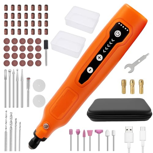 Mini Amoladora Inalámbrica 3.7V con 5 Velocidades y 58 Accesorios, Herramienta Rotativa Multifunción USB-C Recargable para Grabar, Lijar, Pulir, Taladrar y Cortar, Kit de Bricolaje y Manualidades