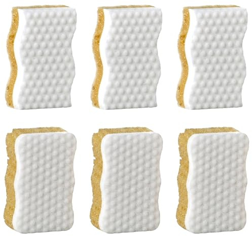 6 Piezas Esponja de Cocina de Doble Cara, Estropajo de Limpieza Multiusos en Forma de S y Onda para Platos, Muebles y Oficina, Nano Esponja de Alta Densidad y Algas, Marrón y Blanco