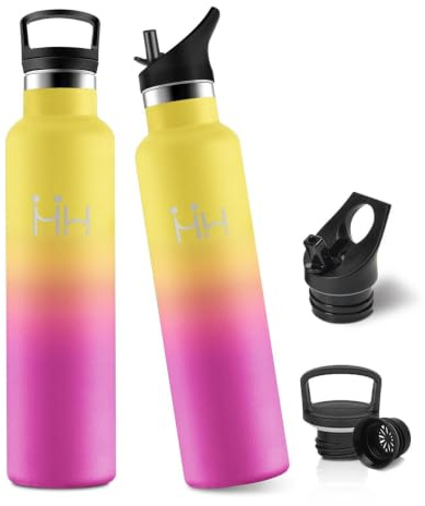 JAPORIA Trinkflasche Edelstahl 1L, Trinkflasche mit Strohhalm, Kohlensäure Geeignet, Trinkflasche Auslaufsicher, BPA-Frei, Wasserflasche für Yoga, Sport, Camping
