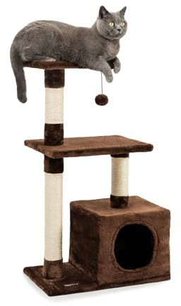 lionto Kratzbaum mit Höhle & viel Sisal, 3 Ebenen, Höhe 85 cm, Braun | Kleiner Katzenbaum mit Plüschball, Kuschelhöhle & Liegefläche zum Klettern, Spielen, Verstecken, Ausruhen & zur Krallenpflege