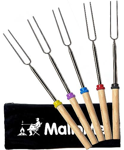 MalloMe Marshmallow Toasting Forks Smores Kit - 32 Extendable Marshmallow Sticks for Fire Pit - S'mores Maker - Long Skewers for Marshmallows Toaster - Open Fire BBQ Fork Camping Accessories (5 Pack)
