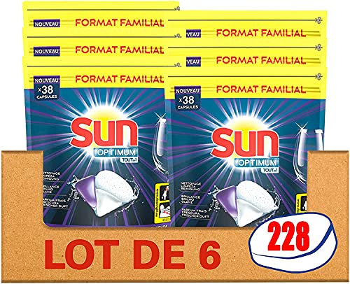 Sun Capsules Lave-Vaisselle Optimum Tout En 1 x228, Efficacité Impeccable, Ingrédients Naturels, Nettoyage, Brillance & Parfum frais, 228 Lavages (Lot de 6x38 tablettes)