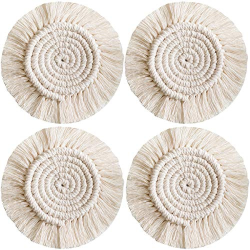 Hocaies Handgemachte Makramee Untersetzer für Getränke, Handgewebtes Tischset Bohemia Style rutschfeste Hitzebeständige Cup Matte fur Tassen, Vasen, Kerzen Desktop-Dekoration (Typ A 4 Stück)