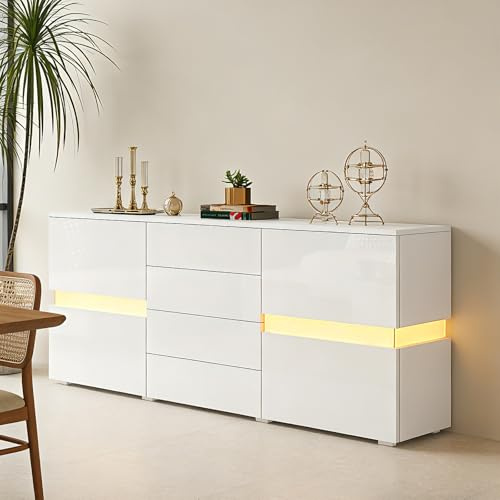 BESTWANTED High Gloss Modern Sideboard Cabinet for Living Room - 2 Doors, 4 Drawers with LED Lights (White)
