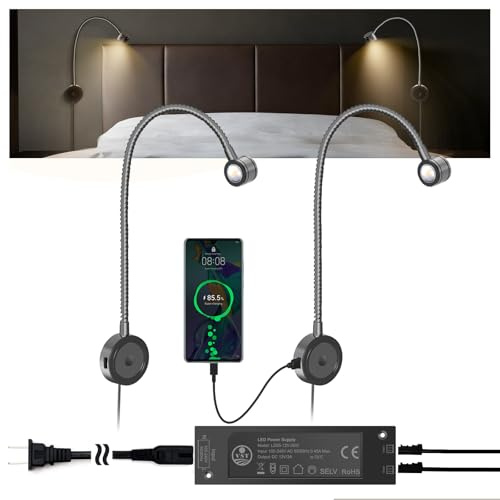 VST Bed Reading Lights for Headboard, Bedside Wall Mounted Reading Lamp, Reading Light Touch to Adjust Brightness with USB/Type-C Charging Ports, ETL-Listed