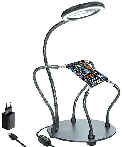 Loupe avec lumière à souder à la troisième main -Grossissement 3X -Lumière du jour -Avec lumière -Avec 28 LED à intensité variable-Base robuste-4 bras flexibles - Pour bricoler, souder, loisirs