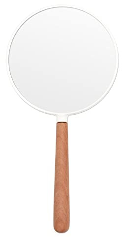 Eaoundm Runder Handspiegel, 15,2 cm, doppelseitiger Handspiegel, 1 x / 3 x Vergrößerung, mit Holzgriff, Weiß