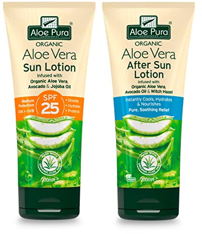 Aloe Pura Organic Aloe Vera Sun Lotion SPF 25 & Aftersun, Natural, Vegan, Cruelty Free, Paraben & SLS Free, Long-Lasting Shield, Medium Protection, 200 ml