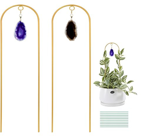 Ceiner 2PCS Small Gold Trellis for Climbing Plants Indoor, Mini Metal Houseplant Climber Support for Potted Plants, Boho Decorative Pot Lattice with Agate for Hoya, Pothos, Ivy, Philodendron