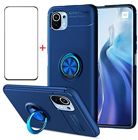 AKABEILA fodral och skärmskydd för Xiaomi 12T Pro/12T 5G, fodral i härdat glas för Xiaomi 12T Pro/12T 5G, mobilskal i silikon, med stativ och greppring, stötsäkert, blå
