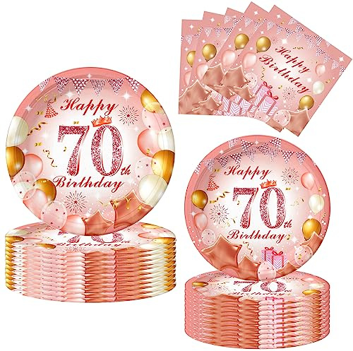 POPOYU 52 Stück 70 Geburtstag Party Geschirr,Deko 70. Geburtstag Frauen,Servietten 70Geburtstag Rosegold,Pappteller 70Geburtstag Rosegold,Servietten für Frauen Geburtstagsfeier Dekor