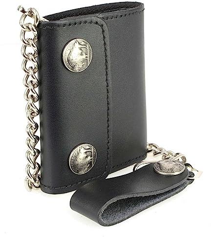Milwaukee Leather MLW7821 Men's 4” Leather Biker Tri-Fold Wallet w/Buffalo Nickel Snaps Wallet w/Anti-Theft Stainless Steel Chain - One Size