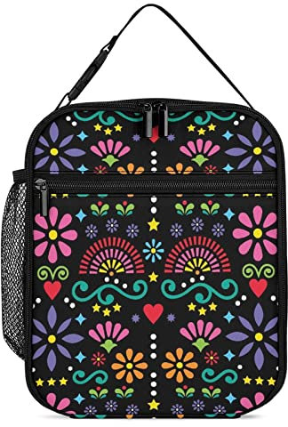 Lawenp Boîte à lunch isolée Art populaire mexicain Sac à lunch portable Fleurs ethniques Réutilisable Petite glacière Boîte à lunch pour le travail Pique-nique Voyage