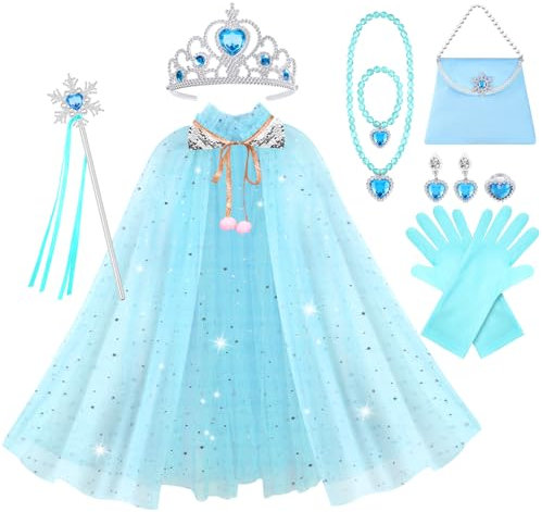Vicloon Prinsessaka, 11 st kappa med glänsande paljetter prinsessa kostym, trollstav, halsband, ring och örhängen, prinsessklänning för fest, rollspel, halloween (blå)