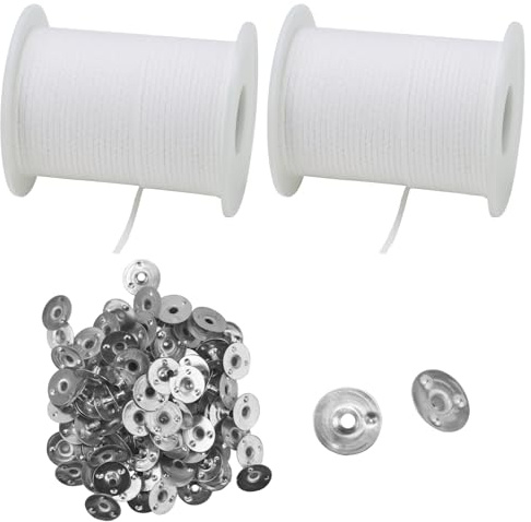 MAHIONG Candle Wicks Roll, 2 Rolls 61m Candle Thread Wick with 200 Pcs Metal Wick Sustainers for DIY Candle Making