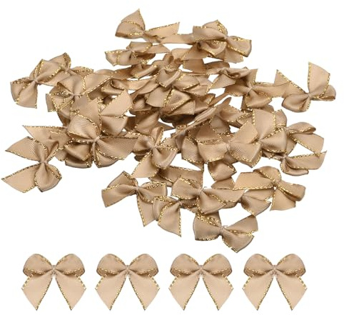 QUARKZMAN 50 Stück Mini Schleifen 25mm Satinband Bögen mit Silberlinien Rand Kleine Weihnachtsbaum Schleife Geschenkschleifen Schmuck zum Basteln DIY Haarschleife Party Geschenk, Braun