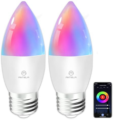 ANTELA Lampadine LED Alexa Inteligente WiFi E27 C37, 4,9W 470LM Dimmerabile RGB & 2700K-6500K Bianco Freddo Caldo, Compatibile con Alexa/Google Home, 2Pezzi