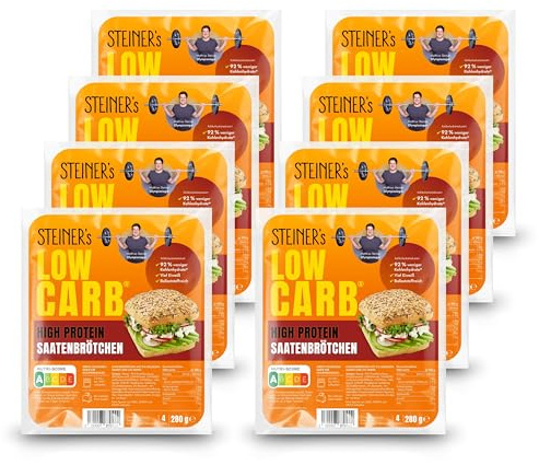 STEINER´s Low Carb High Protein Saatenbrötchen | 92% weniger Kohlenhydrate | high protein | nur 2,8g Kohlenhydrate | 23g Eiweiß (8er Pack, 32 Stk.)
