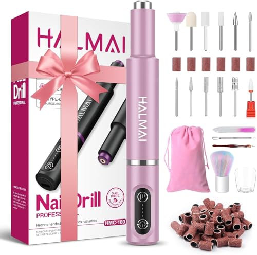 HALMAI fresa per unghie elettrico, Cordless Portable Nail File Kit per acrilico, Unghie Gel, Ricaricabile Professionale Manicure Acrilico Pedicure Macchina per la casa con Max 20000 RPM (Rosa)