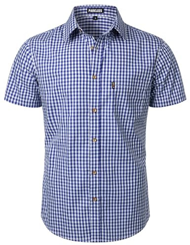 PARKLEES Men's Casual Plaid Button Down Shirt Cotton Short Sleeve Gingham Dress Shirts Regular Fit with Pocket Navy Gingham X-Large
