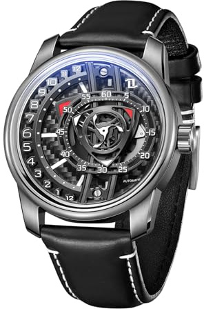 OBLVLO Fashion Rotor Concept Lederarmband, wasserdicht, Automatikuhr, High-Tech, super leuchtend, geschmiedetes Carbon, klassische mechanische Uhren für Herren, JM-Rotor