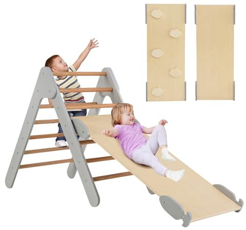 COSTWAY Kletterdreieck mit Rutsche, Klettergerüst Indoor ab 1 Jahr, Sprossendreieck Kletterrampe aus Holz, zum Klettern & Rutschen (Grau)