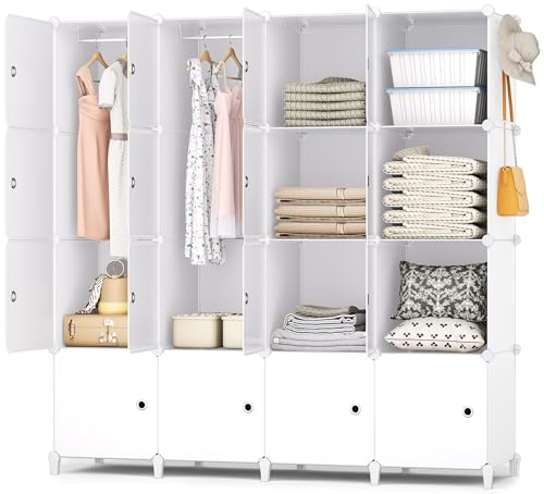 HOMIDEC Kleiderschrank, 16 Würfel Schrank aus Kunststoff, 146 x 142 x 45cm | Tragbarer Regalsystem, Kleiderschrank mit 2 Kleiderstange, Schlafzimmerschrank Kleiderschrank Weiss für Schlafzimmer