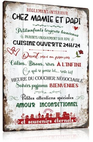 ESFIVHO Decoration Murale Tableau Humoristique Les Règles de la Maison Chez Mamie et Papi - Plaque Metal Vintage Citation Français Famille 20x30cm