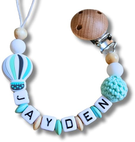 Personalisiertes Baby Geschenk, Mädchen/Junge, Schnullerkettchen mit Name, Schnullerband, verschiedene Farb-Varianten (B.A.L.L.O.N-Mint)