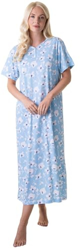 Camille 100% Organic Cotton Ladies Nighties – Full Length Floral Cotton Nightdress in Relaxed Fit Maxi Style with Short Sleeves - Light Blue White 18-20