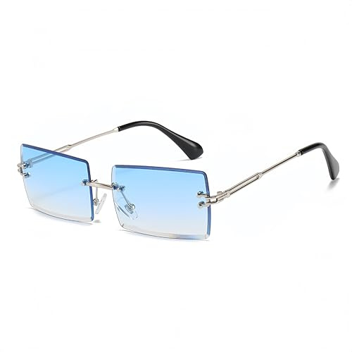 YOJUED Vintage Randlose Sonnenbrille für Damen und Herren Mode Retro Rechteck Brille UV400 Schutz (silber/Blau)