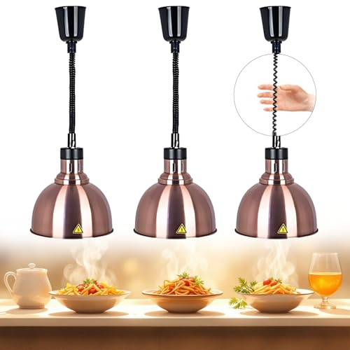 BOVDC Lampada Riscaldante per Alimenti (Rame-25cm,3 Pezzi) | 250W Lampade Scaldavivande Cucina Regolabile, Lampade Riscaldante Cucina Sospeso 19 cm/25 cm per Ristoranti, Hotel a Buffet