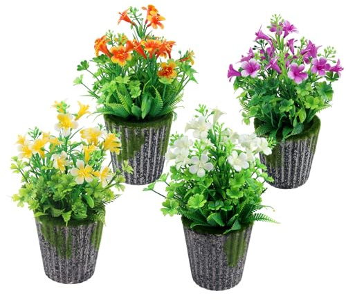JINXIAN 4 Stück Künstliche Blumen Plastikblumen 24 cm Kunstblumen Im Topf | mit Künstlichem Moosblumentopf Zimmerpflanzen für Bücherregal Wohnzimmer Balkon Blumen Deko（4 Farben）