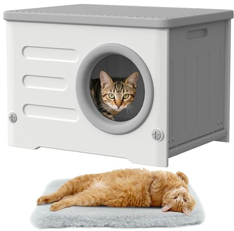 WOWOTOZN Outdoor Cat House Weatherproof, Insulated Heavy-Duty Plastic Feral Cat Shelter, Elevated Stackable Cat House for All Seasons Indoor Outdoor with Cozy Cushion (Grey and White)