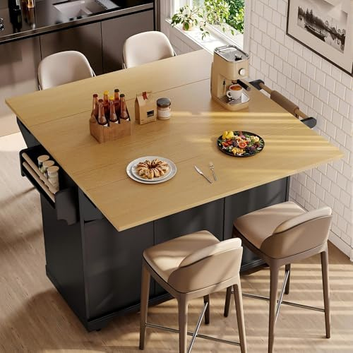 LAKFEW Isla de Cocina Moderna, Isla Cocina con Ruedas y Tableros Plegables en Ambos Lados, Mueble Auxiliar Muebles Cocina con 3 Cajones y 2 Puertas, Ilha de Cozinha, 142.5x40(80) x95 cm, Negro