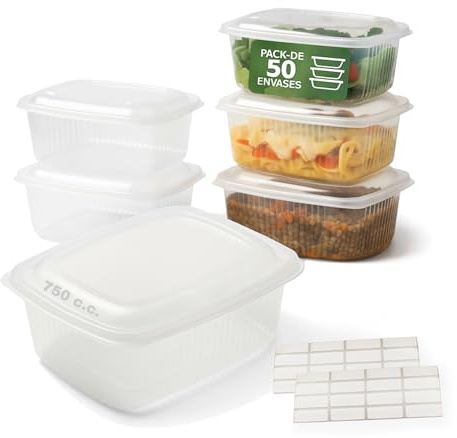 Daymand Store® | PACK 50 Tapers para Comida Hermético con Etiquetas Adhesivas de REGALO | Envases de Plastico Reutilizable De PP Apto Para Microondas y Lavavajillas | Capacidad 750 cc