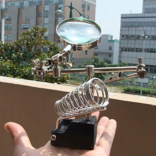 Cloimei Professional Third Hand Soldering Iron Stand with Magnifying Glass Adjustable Arms Heavy Duty Base for Electronics Repair Jewelry Making Silver Black
